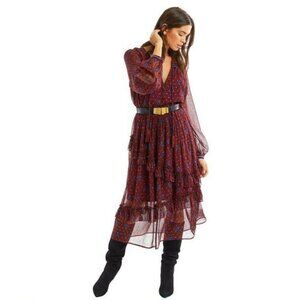 Allison New York Burgundy Red Metallic Ikat Ruffle Skirt Size Small